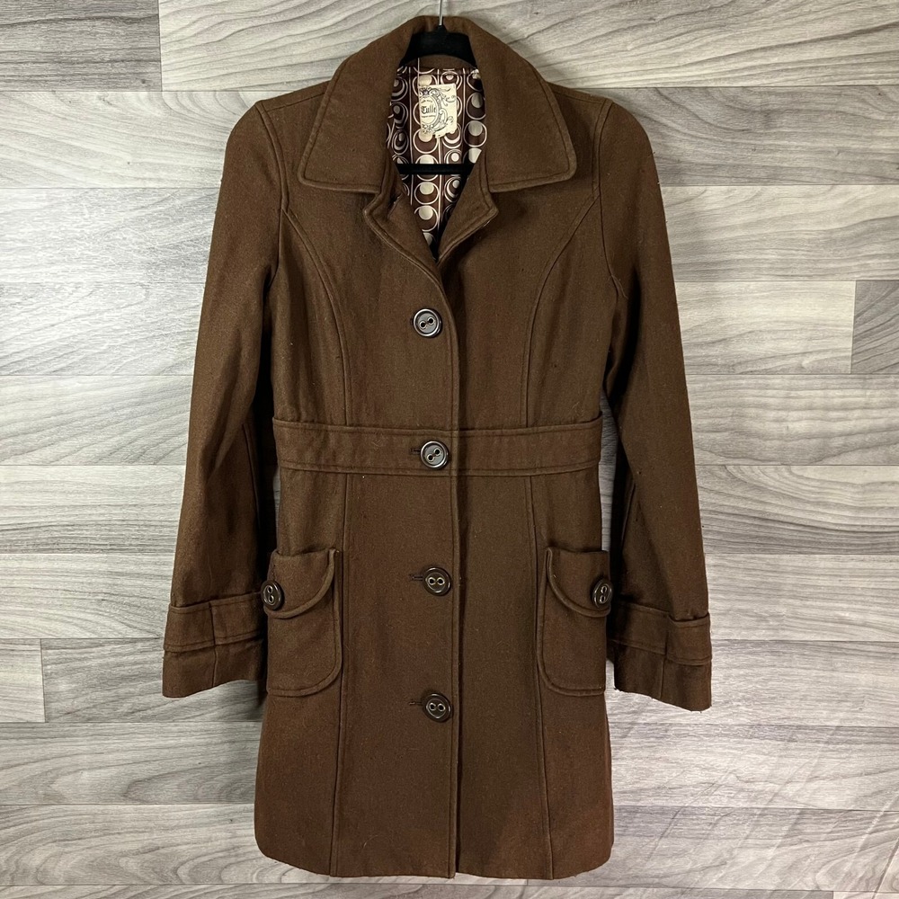 Tulle Overcoat Womens M Brown‎ Wool Blend Collar Button Pockets Lined Collar